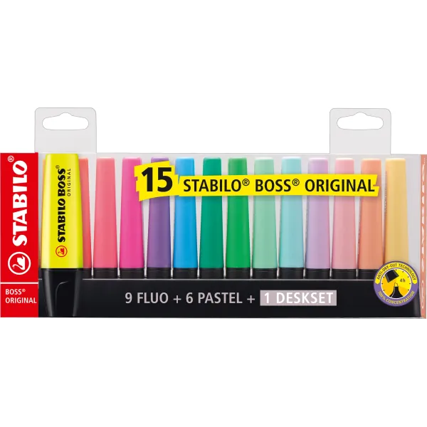 Peana de Marcadores Fluorescentes Stabilo Boss Original/ 15 Unidades/ Colores Surtidos/ Incluye Soporte