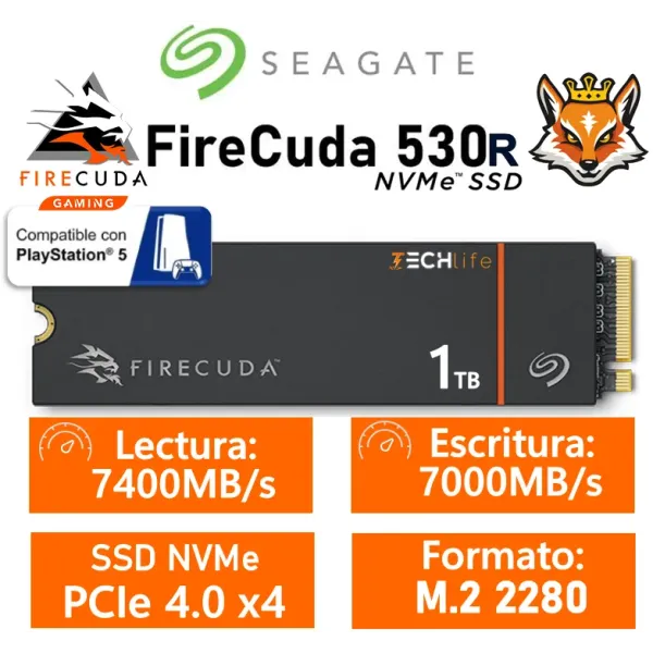 Seagate FireCuda 530R SSD 1TB con disipador a 7400MB/s PCIe 4.0 x4 compatible PS5
