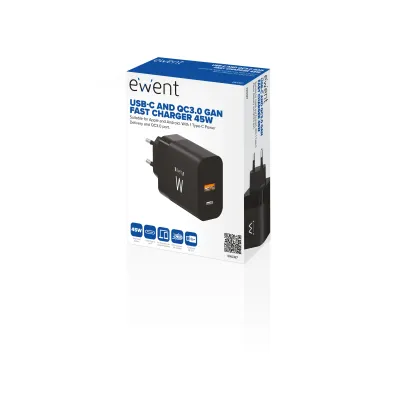 Ewent EW1327 Cargador Rápido GaN de 2 puertos (USB-C y USB-A)