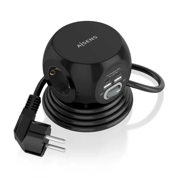 Aisens Regleta Sobremesa Multifuncion con 3 Tomas + 2xUSB-C/2xUSB-A 1.4m Negra