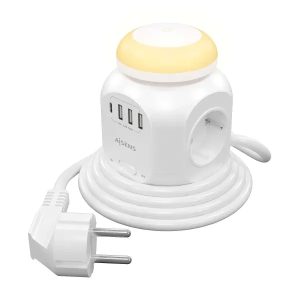 Aisens Regleta Multifunción con 4 Tomas Luz Nocturna 1.8m Blanco