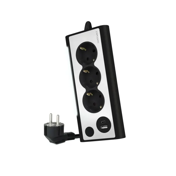Nanocable Regleta de Sobremesa con Interruptor 3 Tomas Schuko + 2 USB 1.5m Plata/Negro