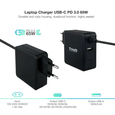 TooQ TQLC-USBC65PD Cargador de Portátil USB-C PD 3.0 65W Negro