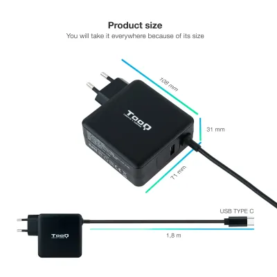 TooQ TQLC-USBC65PD Cargador de Portátil USB-C PD 3.0 65W Negro