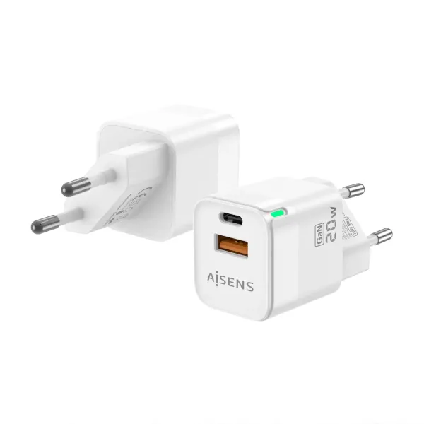 Aisens ASCH-20W2P002-W Cargador GaN de Pared 1x USB Tipo-C 1x USB 20W Blanco 