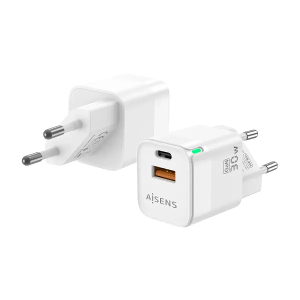 Aisens ASCH-30W2P004-W Cargador GaN de Pared 1xUSB Tipo-C/ 1xUSB/ 30W Blanco 