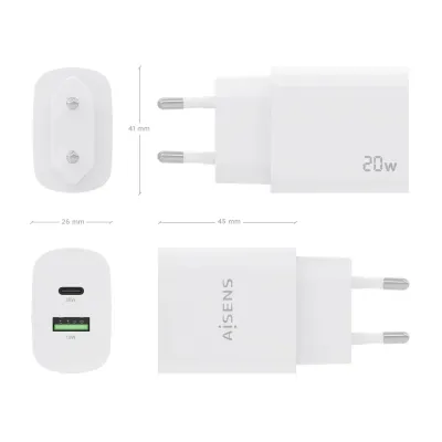 Cargador de Pared Aisens A110-0754/ 1xUSB Tipo-C/ 1xUSB/ 20W Cargador de Pared Aisens A110-0754/ 1xUSB Tipo-C/ 1xUSB/ 20W
