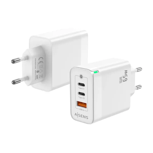 Aisens ASCH-65W3P007-W Cargador GaN de Pared 2x USB Tipo-C/ 1x USB 65W Blanco 