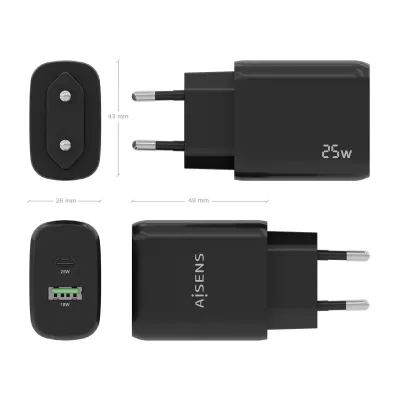 Cargador de Pared Aisens A110-0759/ 1xUSB Tipo-C/ 1xUSB/ 25W Cargador de Pared Aisens A110-0759/ 1xUSB Tipo-C/ 1xUSB/ 25W