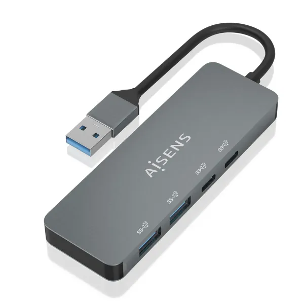 Aisens HUB USB 3.2 Gen2 10G USB-A a USB-A/M + 2xUSB-C/H + 2xUSB-A/H 15cm Gris