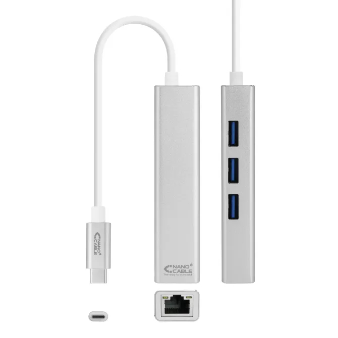 Nanocable Conversor USB-C a Ethernet Gigabit + 3x USB 3.0 15cm