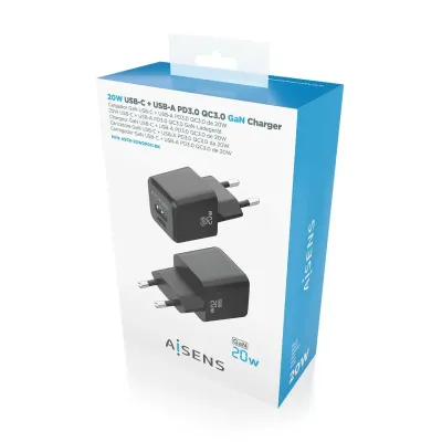 Cargador Gan de Pared Aisens ASCH-20W2P011-BK/ 1xUSB Tipo-C/
