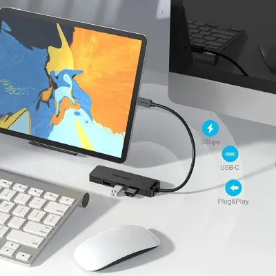Hub USB Tipo-C Vention TGKBB/ 4xUSB/ 1xMicroUSB PD/ 15cm