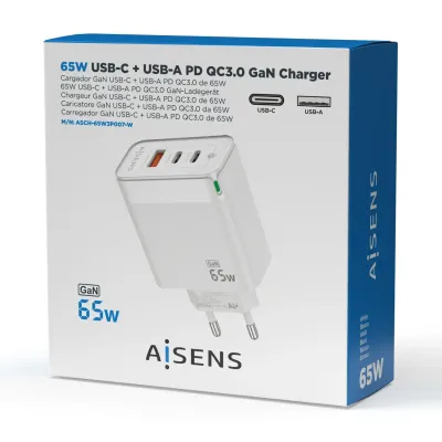 Aisens ASCH-65W3P007-W Cargador GaN de Pared 2x USB Tipo-C/ 1x Aisens ASCH-65W3P007-W Cargador GaN de Pared 2x USB Tipo-C/ 1x
