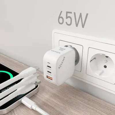 Cargador Gan de Pared Aisens ASCH-65W3P026-W/ 2xUSB Tipo-C/