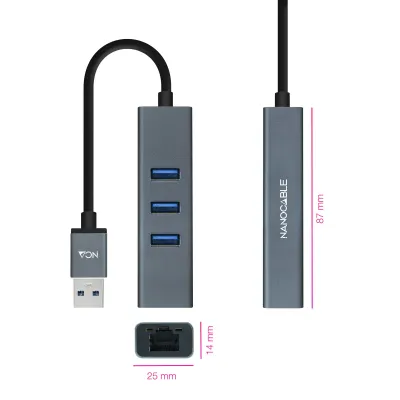 Nanocable Hub USB 3.0 a Ethernet Gigabit +3x USB 3.0 Aluminio