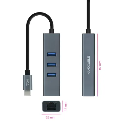 Nanocable Hub USB-C a Ethernet Gigabit + 3x USB 3.0 Aluminio Nanocable Hub USB-C a Ethernet Gigabit + 3x USB 3.0 Aluminio