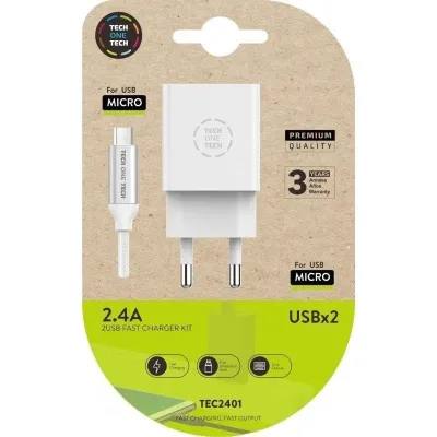 Cargador de Pared Tech One Tech TEC2401/ 2xUSB + Cable Micro Cargador de Pared Tech One Tech TEC2401/ 2xUSB + Cable Micro