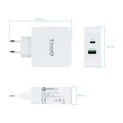 TooQ Cargador de Pared USB-C/USB 3.0 Carga Rápida Blanco TooQ Cargador de Pared USB-C/USB 3.0 Carga Rápida Blanco