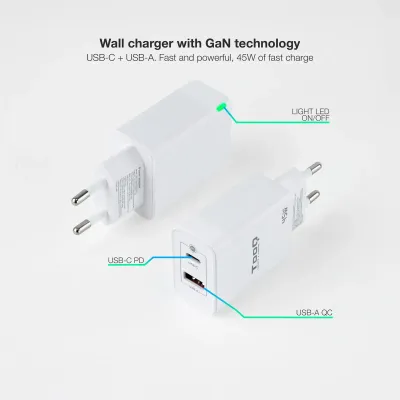 TooQ TQWC-GANQCPD45WT Cargador de Pared Dual USB-C/USB 2.0 45W