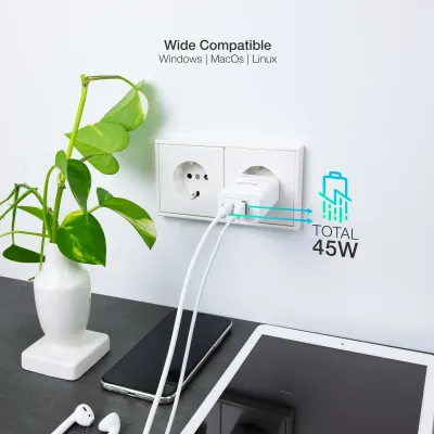TooQ TQWC-GANQCPD45WT Cargador de Pared Dual USB-C/USB 2.0 45W