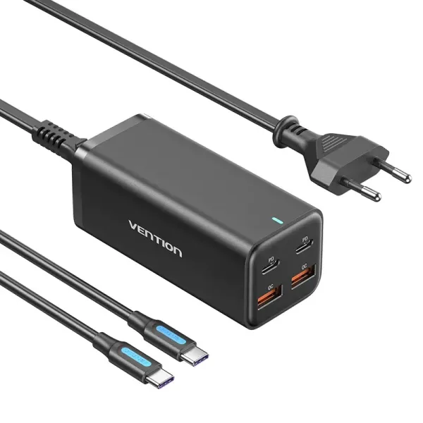 Vention FBSBG-EU Cargador USB-C GaN Ultrarrápido 4 Puertos PD100W + Cable USB-C para Portátil Negro 