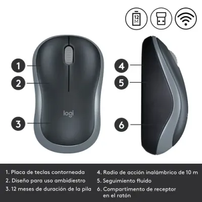 Logitech M185 Negro/Gris - Ratón inalámbrico mediano 1000 DPI Logitech M185 Negro/Gris - Ratón inalámbrico mediano 1000 DPI