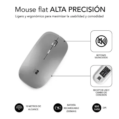 Subblim Dual Flat Mouse Ratón Inalámbrico Bluetooth 1600DPI Gris