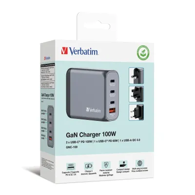 Verbatim GNC-100 Cargador GaN 100W Carga Rápida Gris