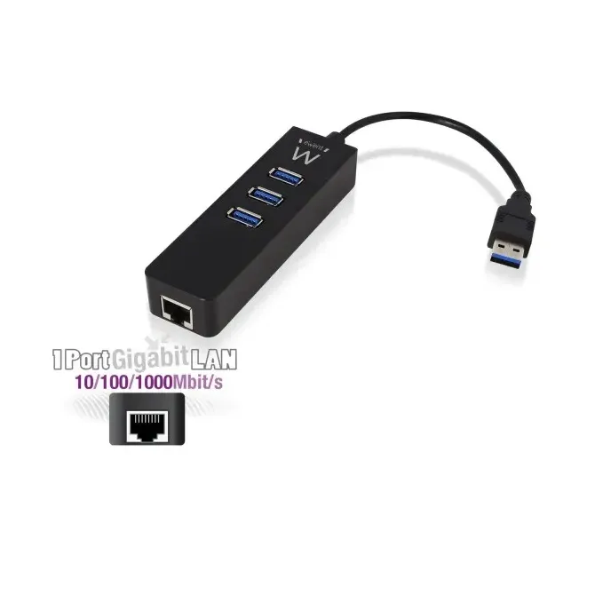 Ewent Hub 3 Puertos USB 3.1 Gen1 con Puerto de Red Gigabit