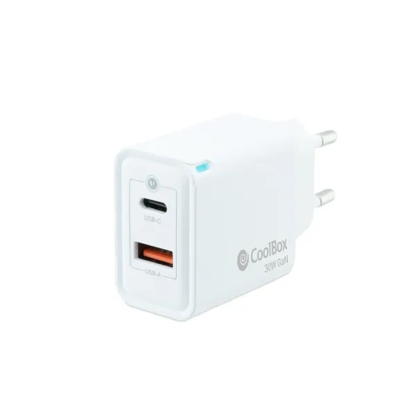 CoolBox Cargador USB-C de 30W con tecnología GaN QC3.0 + USB-A ( Smartphones/Tablets)