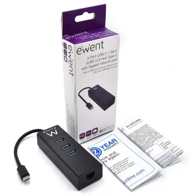 Ewent Hub 3 puertos USB 3.1 Tipo C con Puerto de Red Gigabit