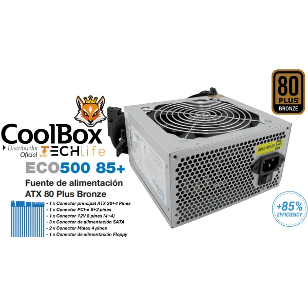 CoolBox ECO500 85+ 300W 80 Plus Bronze ATX Fuente de alimentación Silent con eficiencia del 85%