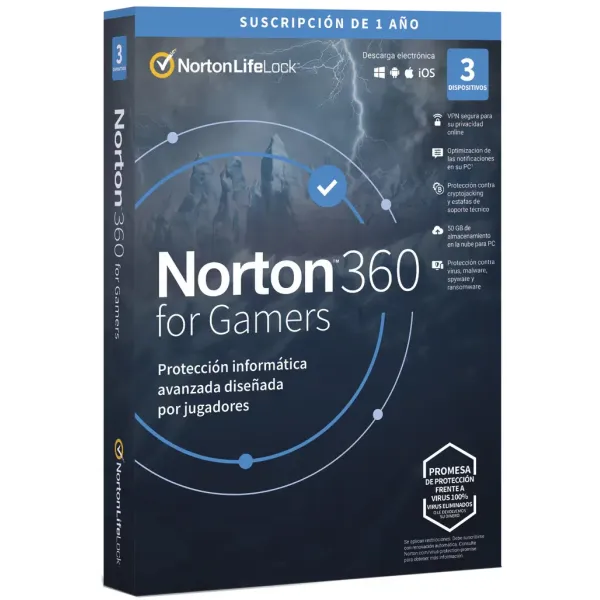 Norton 360 for Gamers 2024 | 3 Dispositivos + 50GB Nube PC/Mac/Android/iOS | 1 año | Soporte físico
