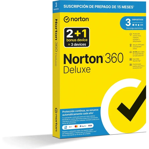 Norton 360 Deluxe 2024 | 3 Dispositivos + 25GB Nube PC/Mac | 1 año | Soporte físico