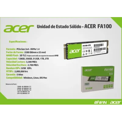 Acer FA100 SSD 256GB M.2 PCIe Gen3 NVMe