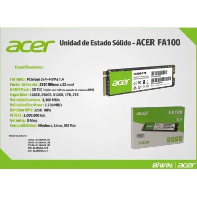 Acer FA100 SSD 512GB M.2 PCIe Gen3 NVMe Acer FA100 SSD 512GB M.2 PCIe Gen3 NVMe