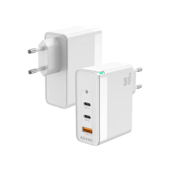 Aisens ASCH-100W3P008-W Cargador GaN de Pared 2x USB Tipo-C 1x USB 100W Blanco 