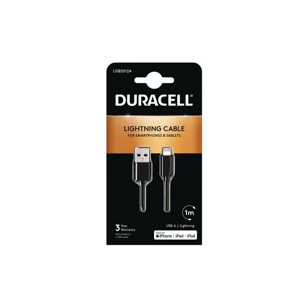 Cable USB Lightning Duracell USB5012A/ USB Macho - Lightning Macho/ 1m/ Negro