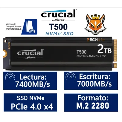 Crucial T500 2TB SSD PCIe Gen4 NVMe M.2 con Disipador Crucial T500 2TB SSD PCIe Gen4 NVMe M.2 con Disipador