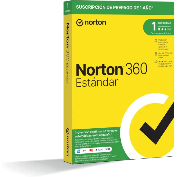 Norton 360 Estándar 2024 | 1 Dispositivo + 10GB Nube PC/Mac | 1 año | Soporte físico