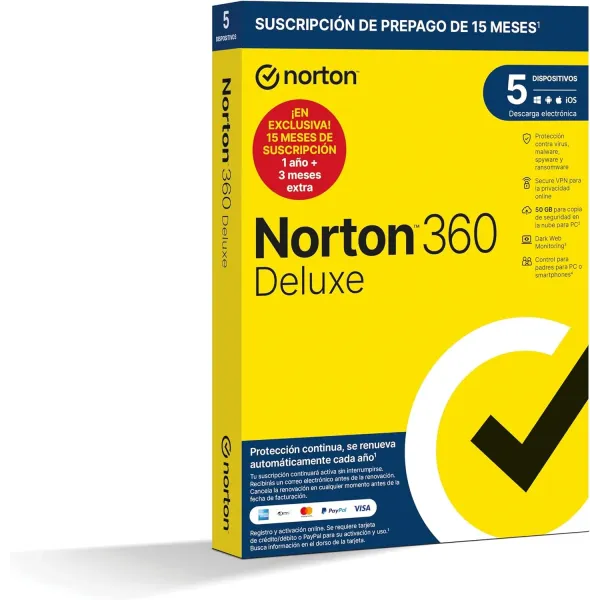 Norton 360 Deluxe 2024 | 5 Dispositivos + 50GB Nube PC/Mac/Android/iOS | 1 año | Soporte físico
