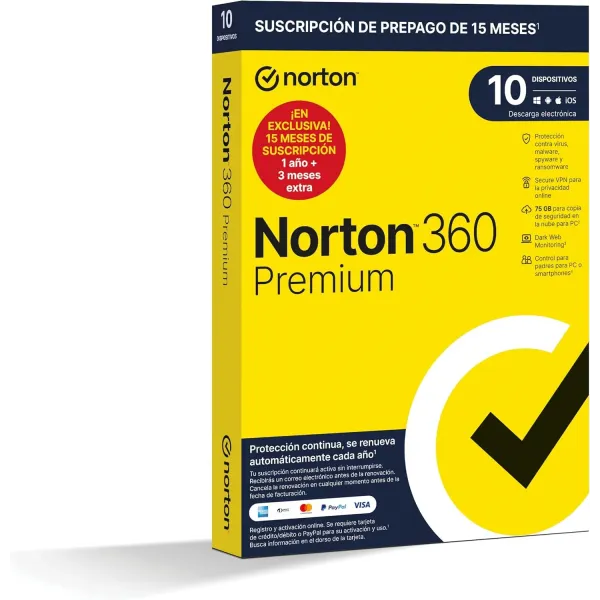 Norton 360 Premium 2024 | 10 Dispositivos + 75GB Nube PC/Mac | 1 año | Soporte físico