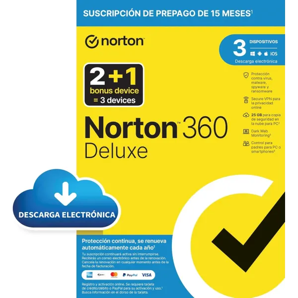 Norton 360 Deluxe 2024 | 3 Dispositivos + 25GB Nube PC/Mac | 1 año | Descarga/email