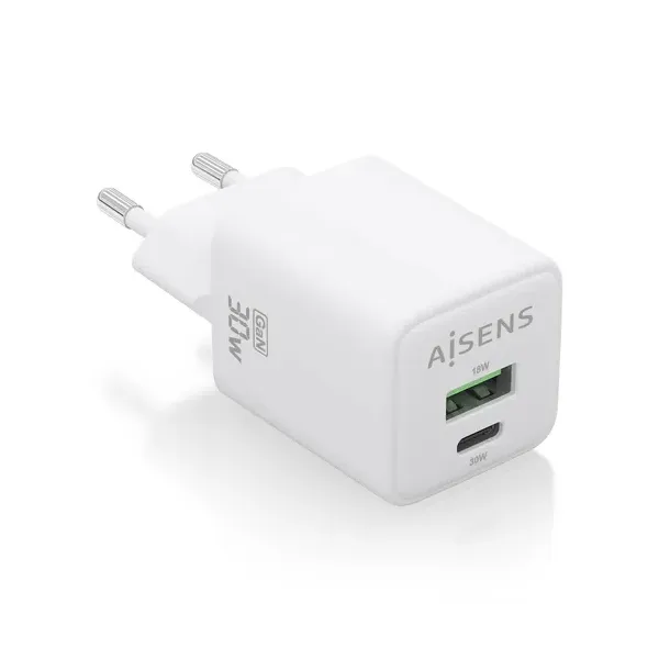 Cargador Gan de Pared Aisens ASCH-30W2P037-W/ 1xUSB Tipo-C/ 1xUSB/ 30W