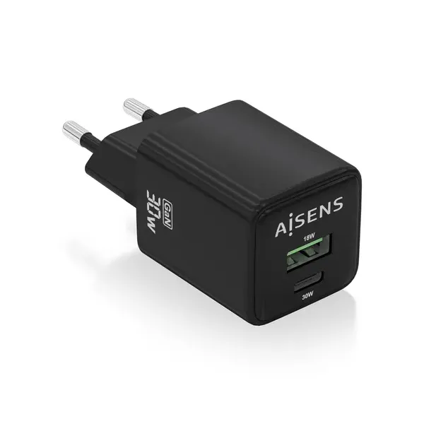 Cargador Gan de Pared Aisens ASCH-30W2P038-BK/ 1xUSB Tipo-C/ 1xUSB/ 30W