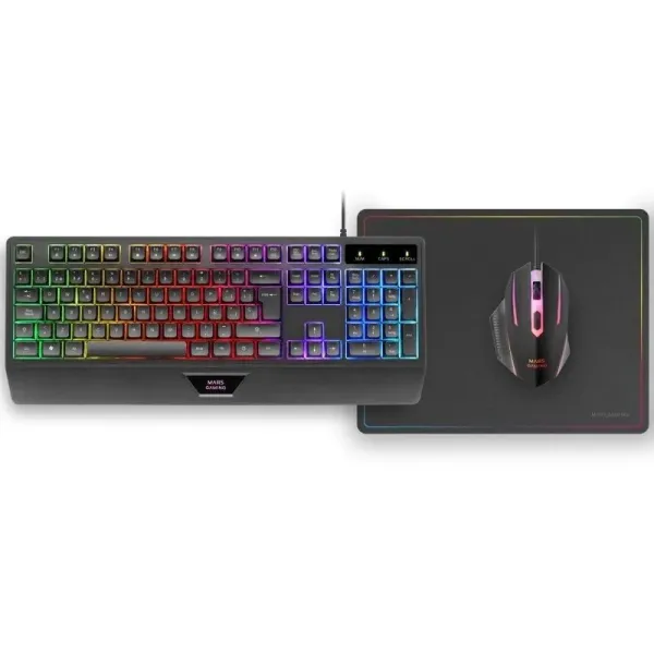 Mars Gaming MCP124 Combo 3 en1 Teclado LED RGB + Ratón RGB 3200 DPI + Alfombrilla, Español, Negro