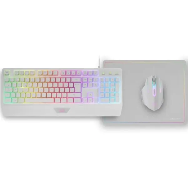 Mars Gaming MCP124 Combo 3 en1 Teclado LED RGB + Ratón RGB 3200 DPI + Alfombrilla, Español, Blanco