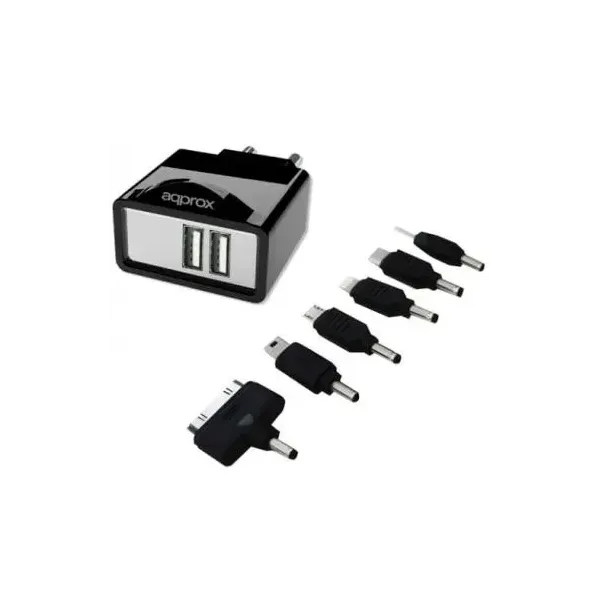Cargador De Pared Approx Para Red Domestica Dos Usb 5v 2.1a Color Negro Incorpora 7 Tips - Oferta_moving