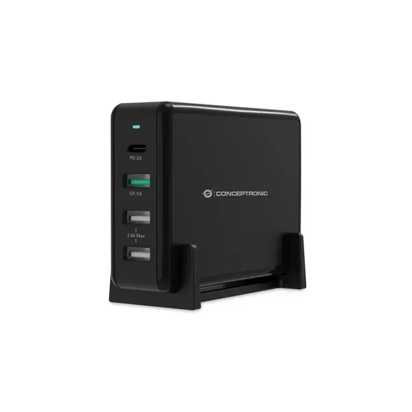 Conceptronic OZUL01B Cargador de Escritorio 65W 2xUSB 5V/2.4A + USB Quick Charge 3.0 + USB-C PD 3.0